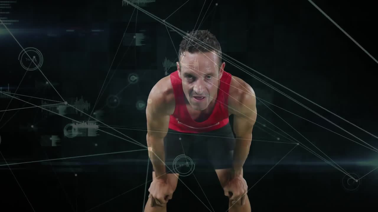 animación de una red de conexiones sobre un atleta cansado sobre un fondo negro
