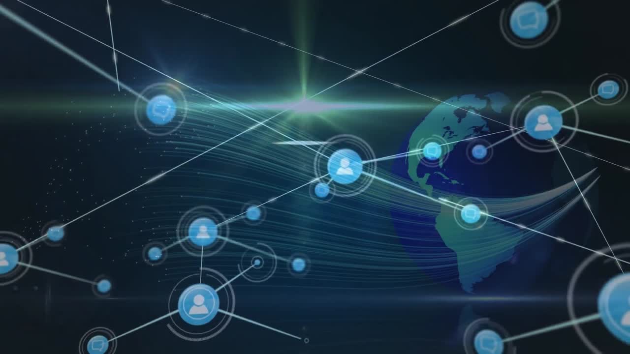Animation of network of connections with people icons over globe on dark background