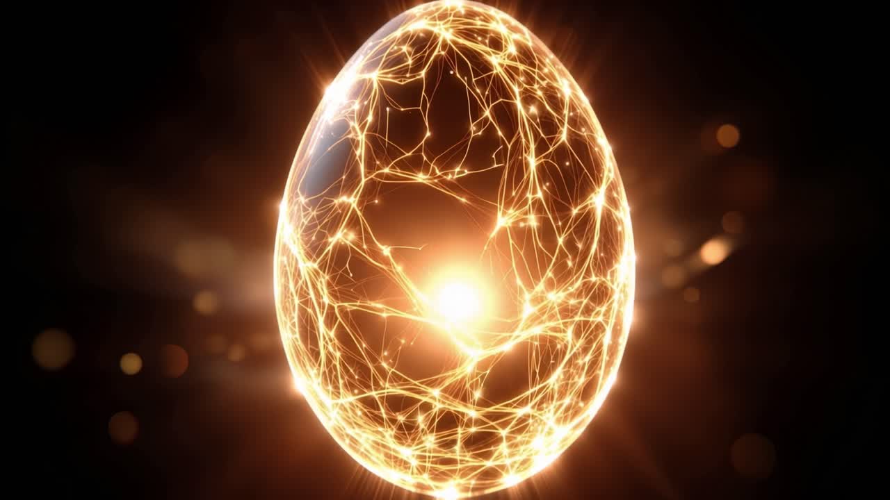 Golden egg pulses with inner light. Energy veins glow brightly around its surface. Sparkling particles float in warm, glowing space. Emotionless, mystical, ancient core radiates power