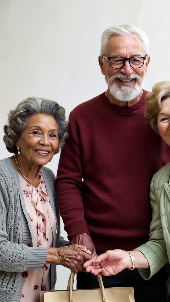 A group of elderly people are smiling and posing for a photo