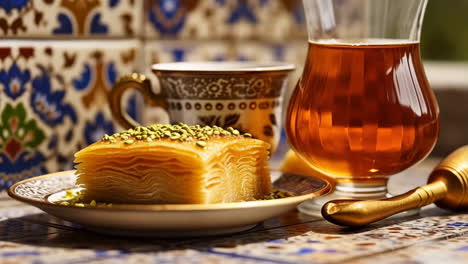 baklava with pistachios and tea