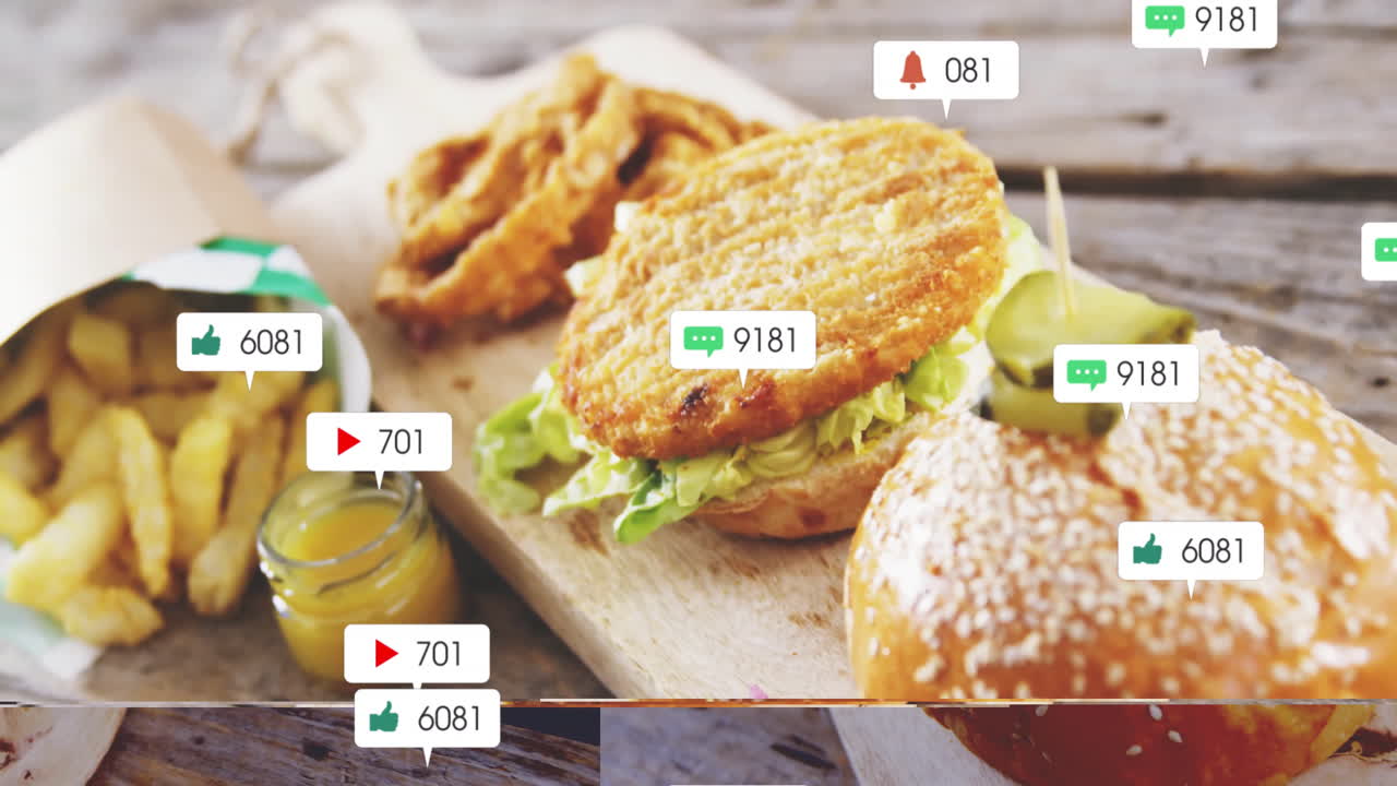 Animation overlay with social media icons on crispy chicken burger and fries