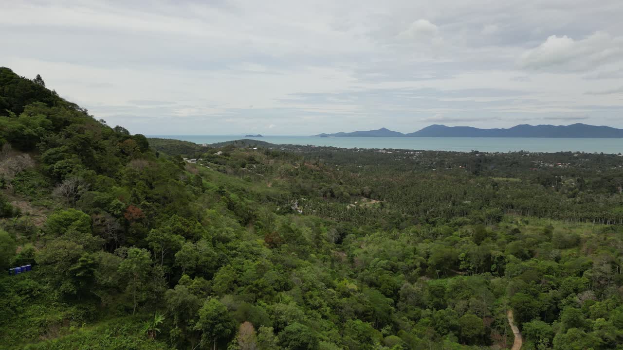 Ripresa aerea di un paesaggio collinare verde e lussureggiante con la costa visibile e una collina sullo sfondo lontano