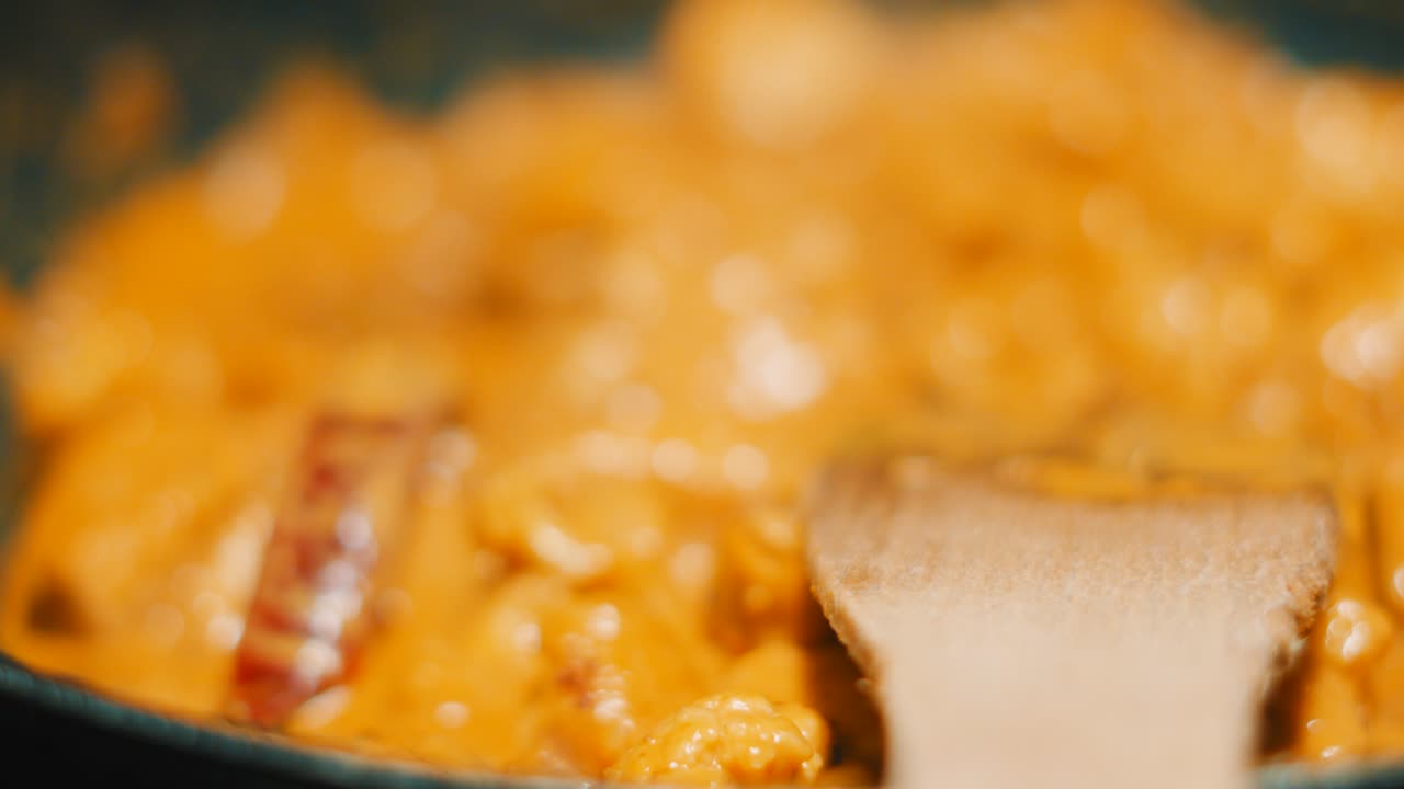 Wooden Spatula Resting on Keralan Coconut Curry with Chicken and Various Spices. South Indian Spicy Food