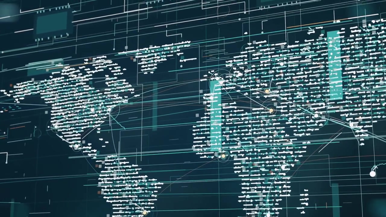 Animating digital world map after data update at HUD, showing connection arcs and pulsing nodes