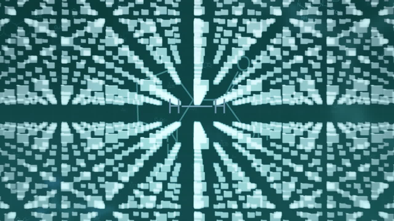 Geometric shapes forming radial pattern, digital data processing animation