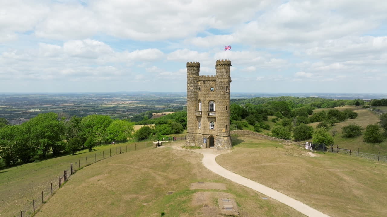 Broadway Tower And Park In The Middle Hill, Broadway, Worcestershire, United Kingdom. Aerial Drone Shot