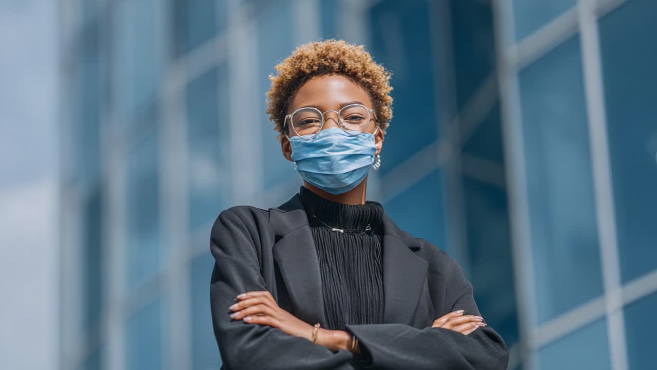 Confident Individual in a Mask Standing Against a Modern Architectural Backdrop: Emphasizing Personal Style and Health Consciousness in a Contemporary Environment