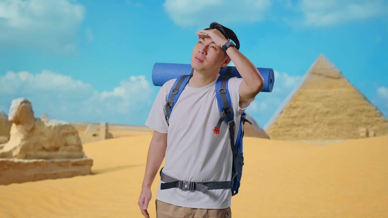 Asian Male Hiker With Mountaineering Backpack Hand Forehead Smiling And Looking Distance While Traveling In Pyramid Of Giza