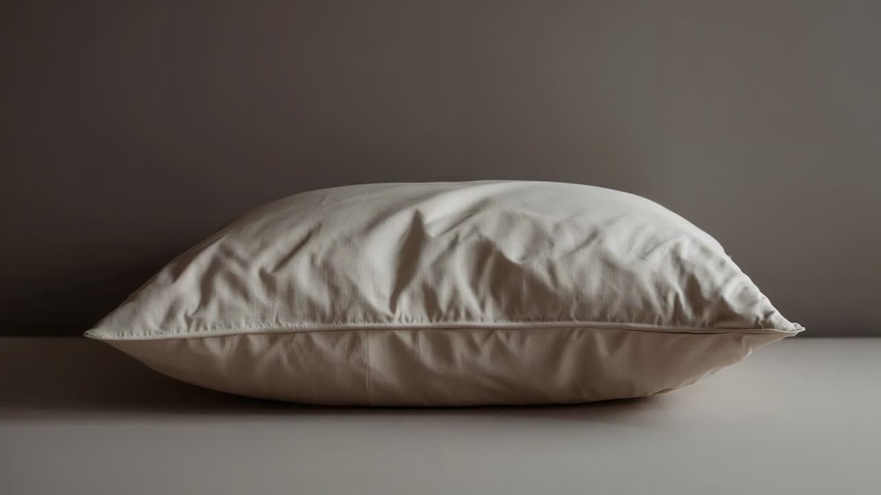 Cuscino chiaro che si adagia delicatamente sul bordo del letto, mostrando le pieghe del tessuto e la cucitura.