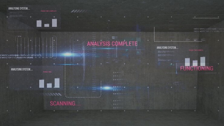 Animation of data processing over dark background