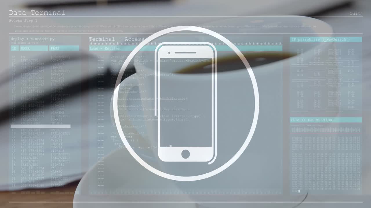 Animation of smartphone icon and data processing against close up of a coffee cup