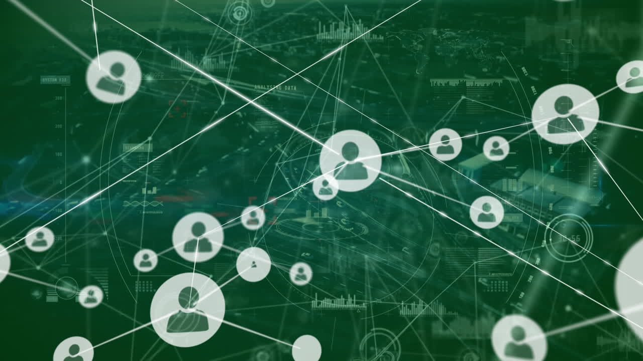 도시 풍경 위의 아이콘으로 연결된 네트워크의 애니메이션