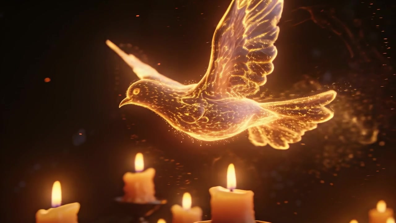Emerging glowing bird hovering and gliding above candles in dim room, doing rite for cloaked viewer