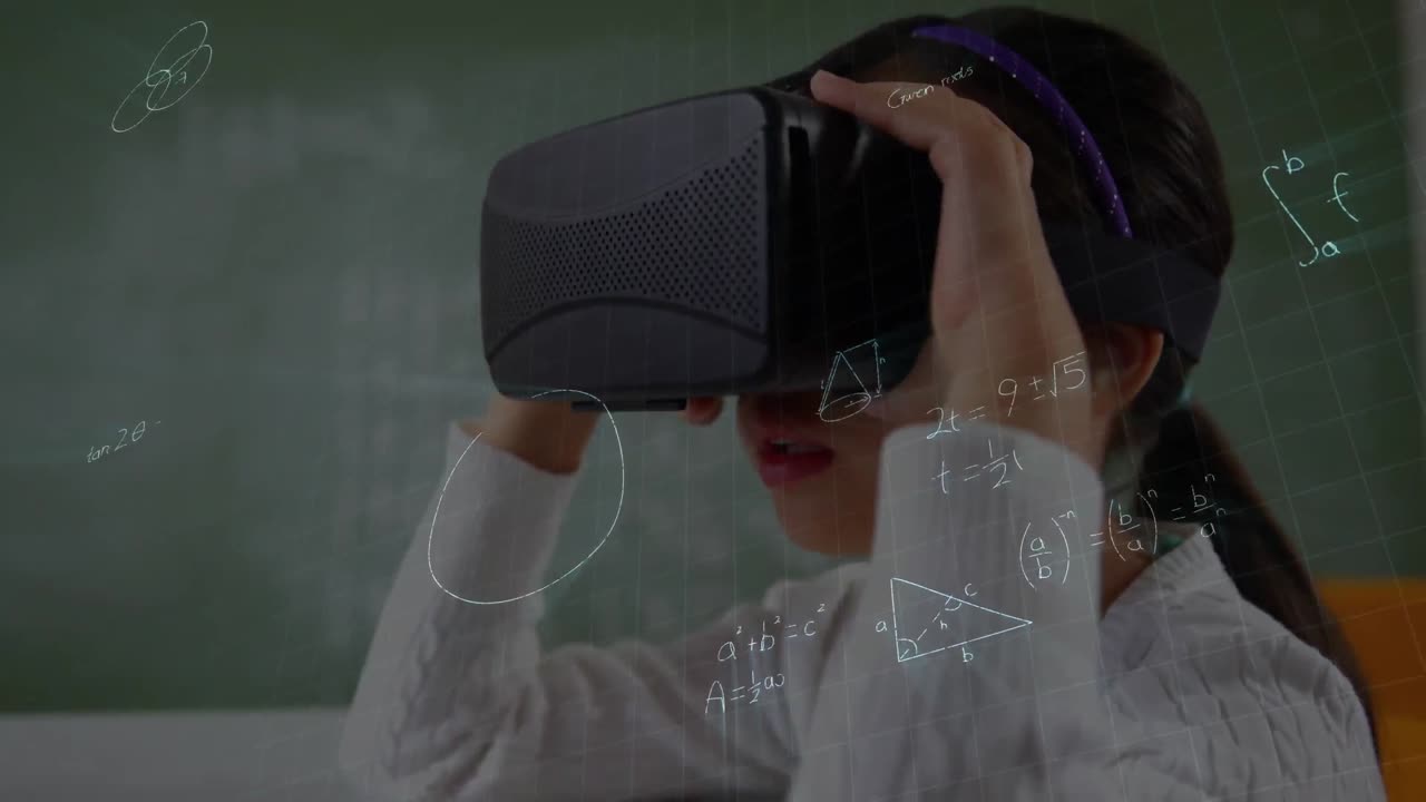 vr 헤드 ⁇ 을 사용하는 여학생에 대한 수학 수식의 애니메이션