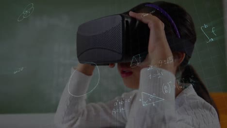 animation of mathematical formulas over schoolgirl using vr headset