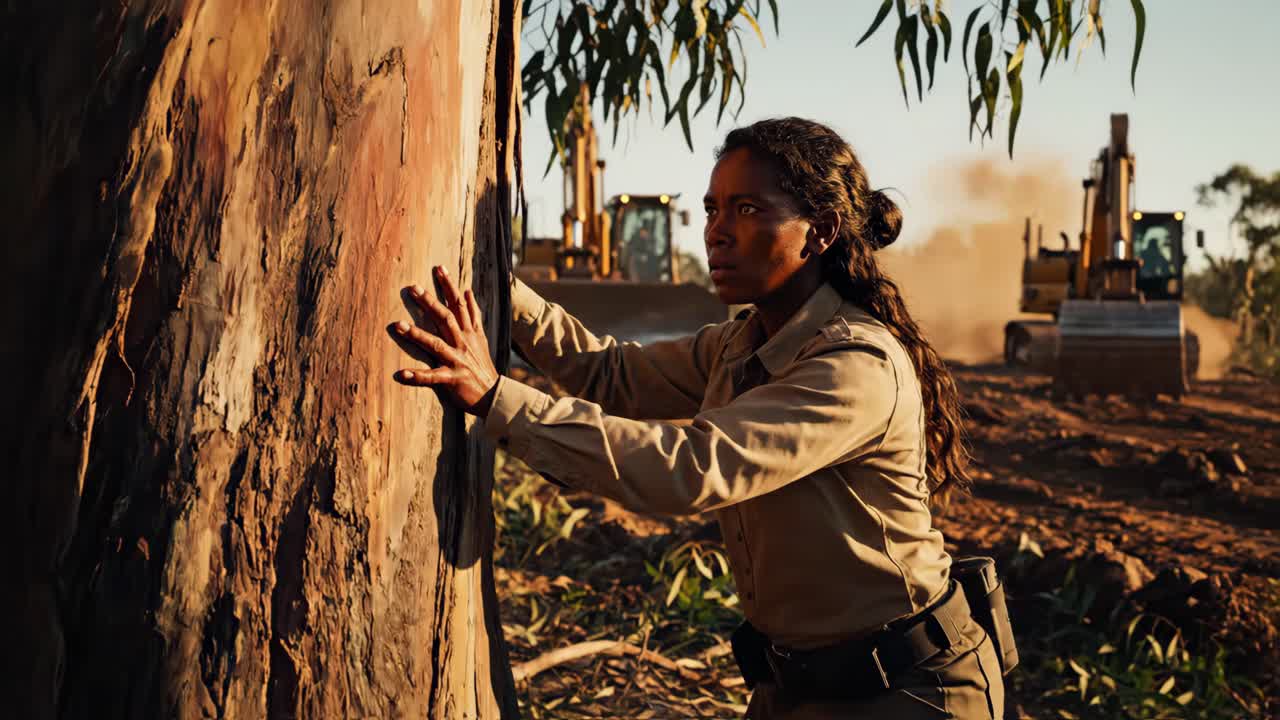 Woman defending tree against deforestation