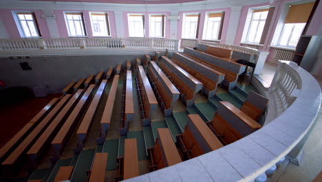 lecture hall in the university. panoramic view of educational center indoors. large auditorium with empty desks during pandemic.