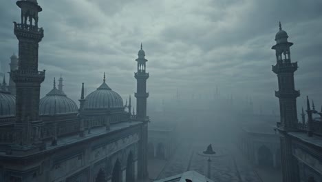 mysterious figure on mosque rooftop in fog