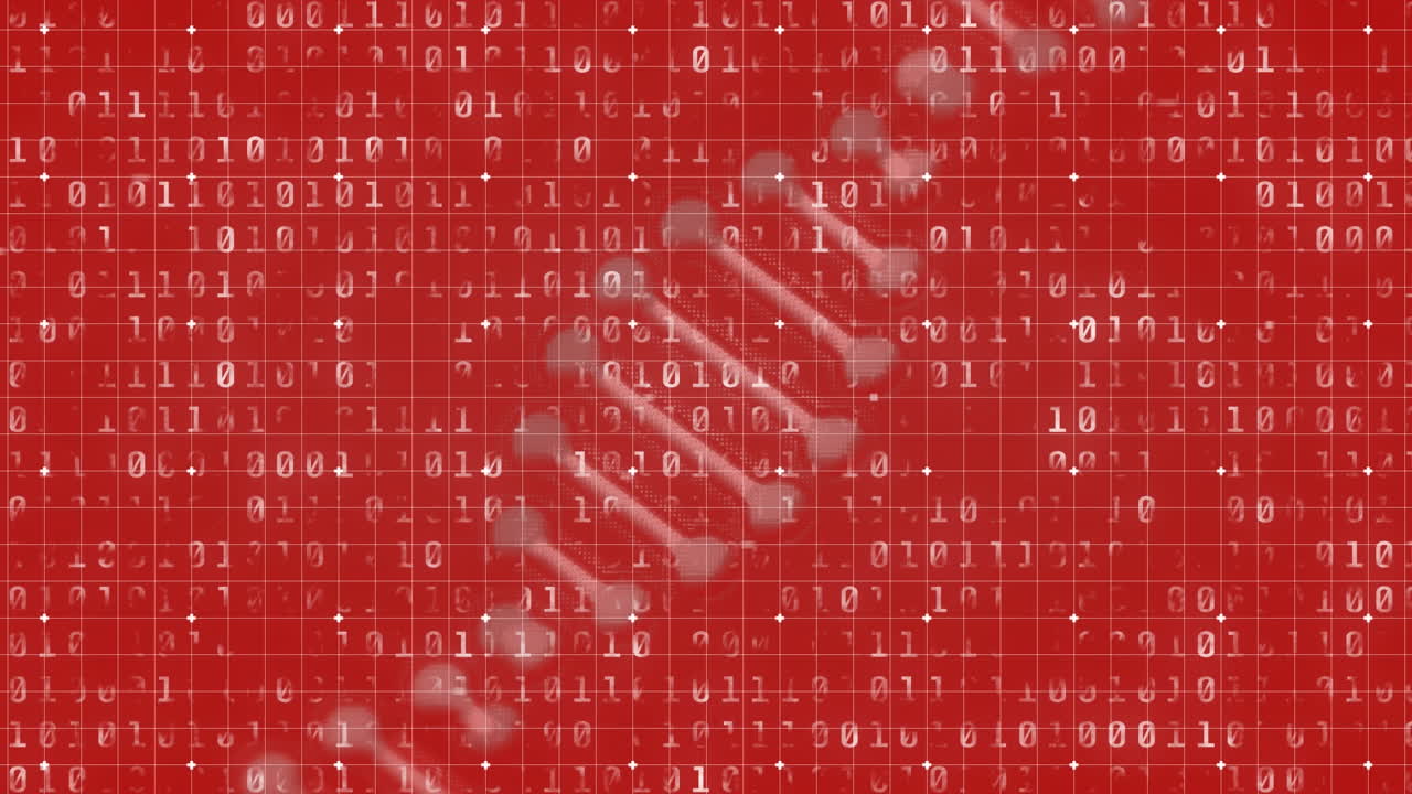 Animation of binary coding and dna strand on red background