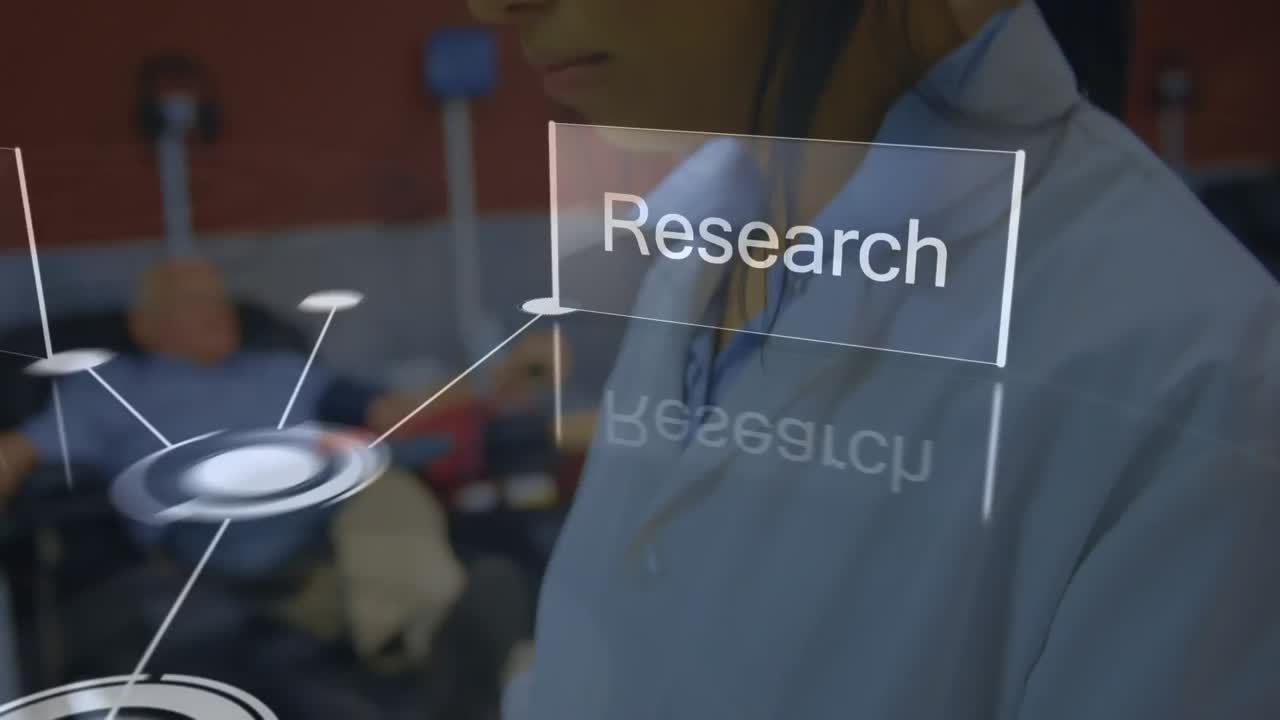 Animation of network of connections over biracial female scientist in lab