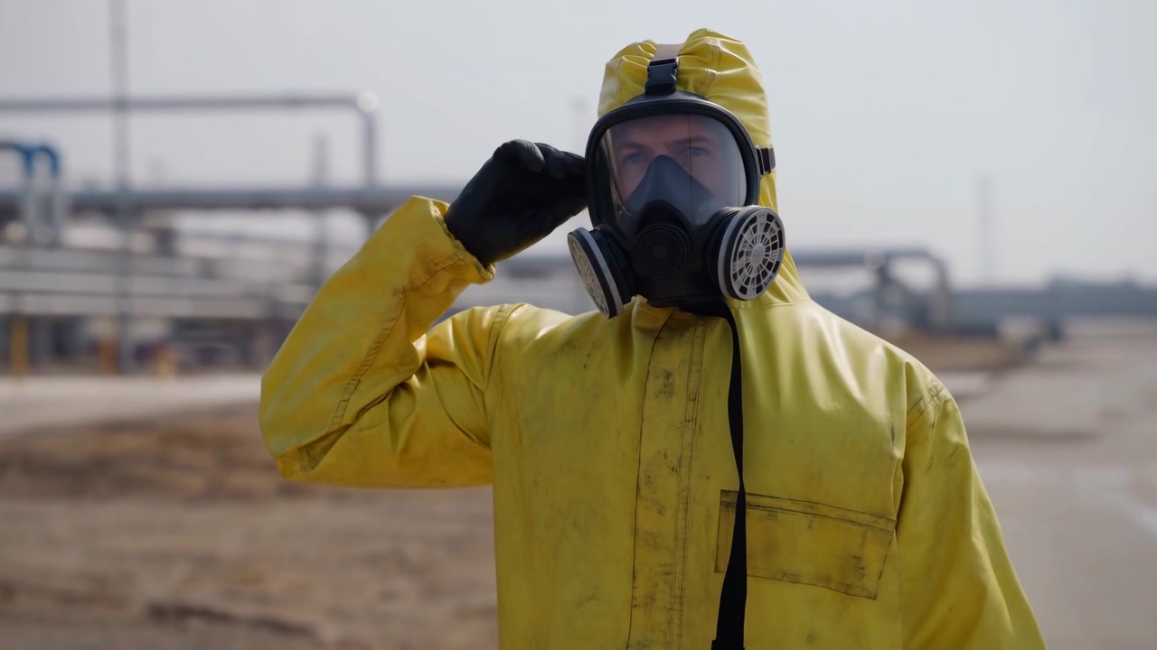 Tuta hazmat gialla in raffineria, ispettore che regola il respiratore, scansiona condotte e monitora strumenti