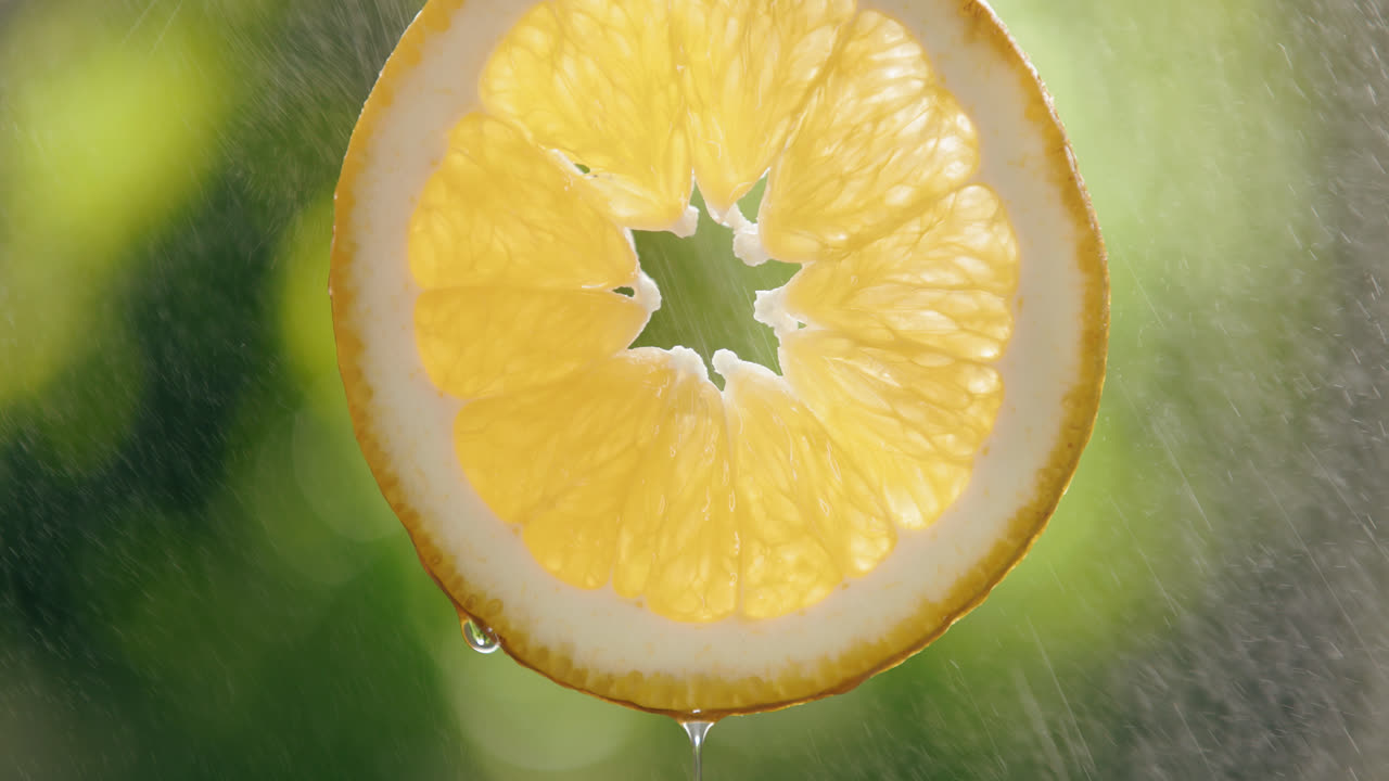 Fresh Orange Slice Splashed by Water Droplet Mist with Liquid Drip in Slow Motion Bright Backlit Background