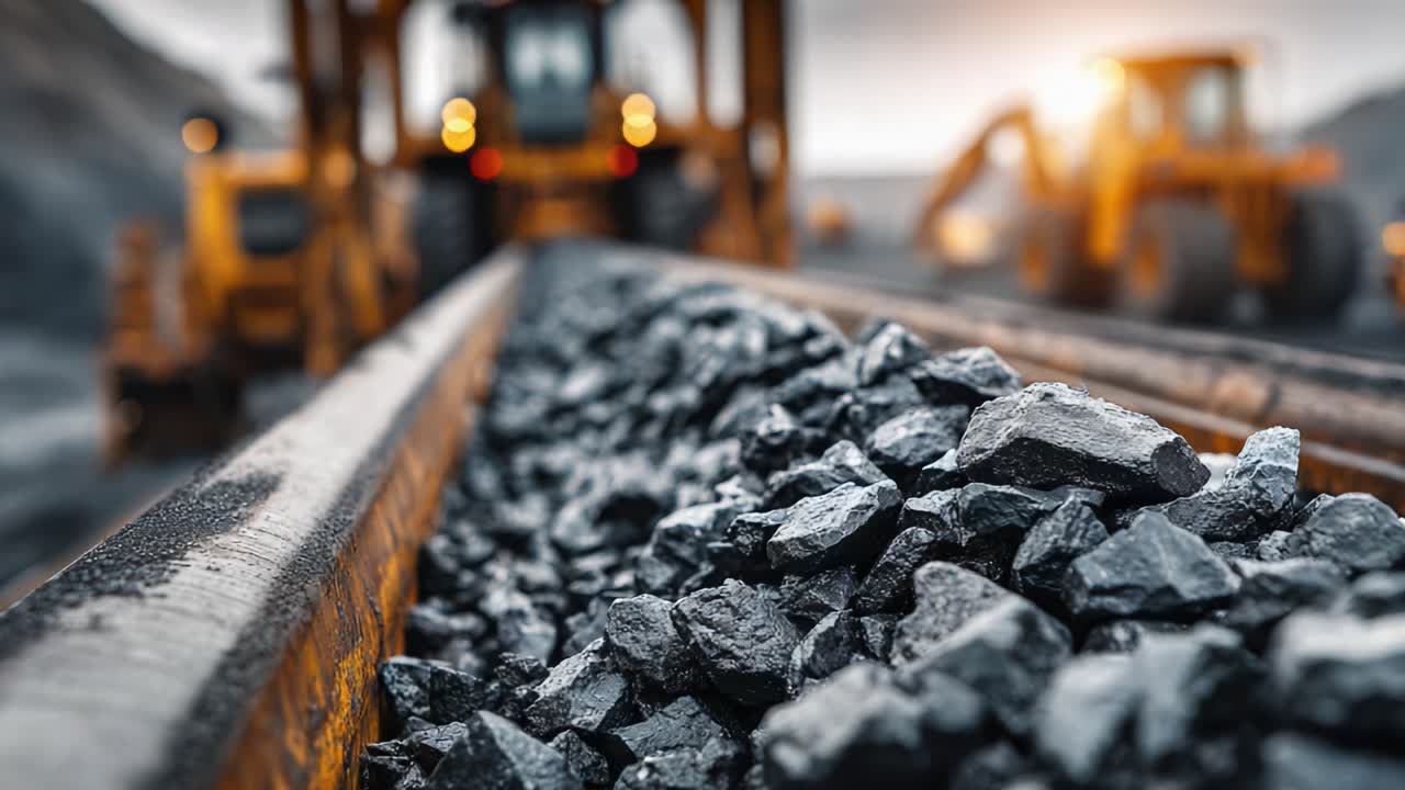 Heavy machinery working in a mining site with focus on coal piled on a conveyor belt, highlighting the process of mineral extraction and transportation