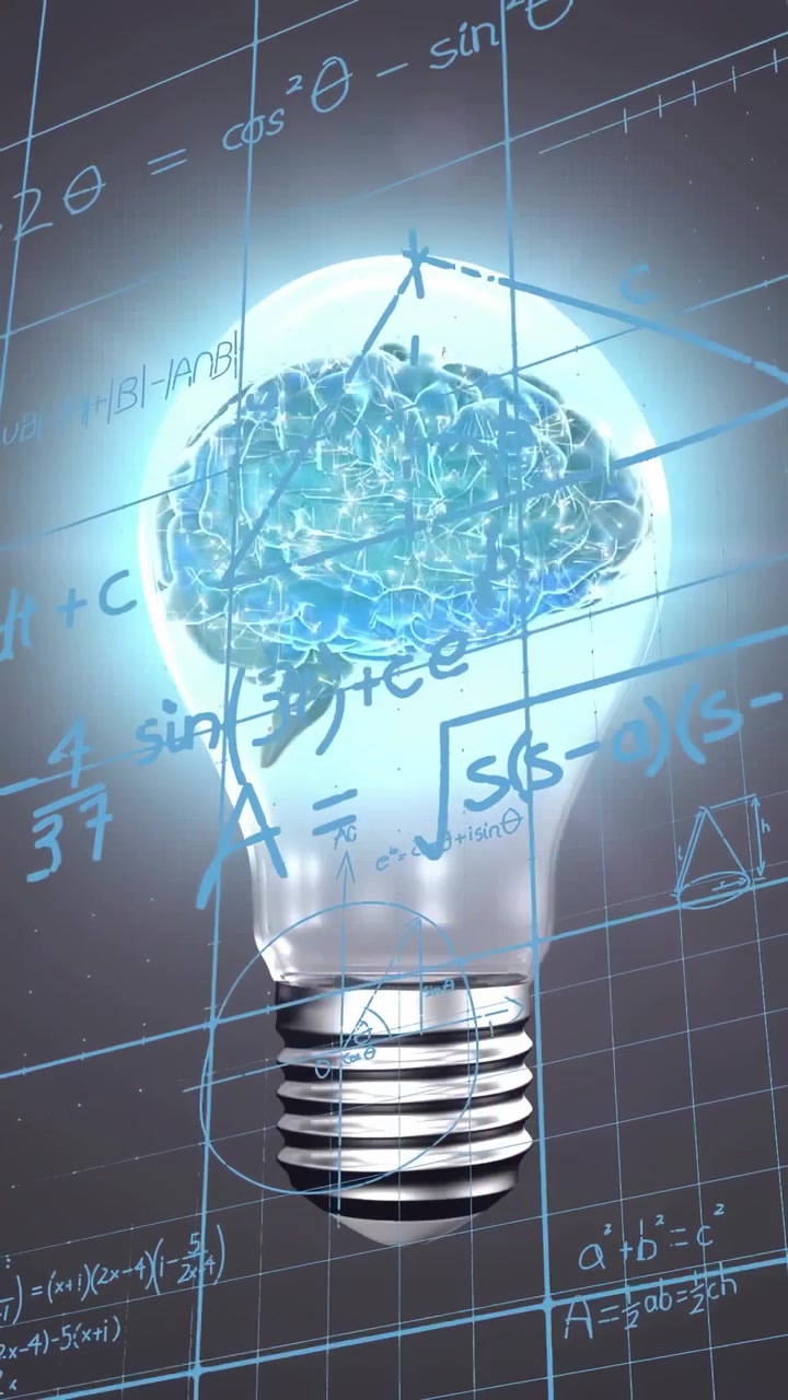 Vertical video: Bulb with blue brain glowing on grid, halo lighting and diagrams emerging for tech
