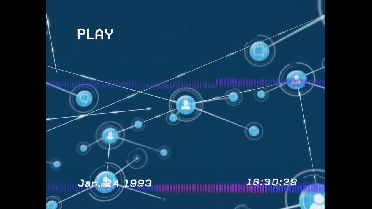 animación del efecto de fallo de vhs sobre la red de iconos de perfil contra fondo azul