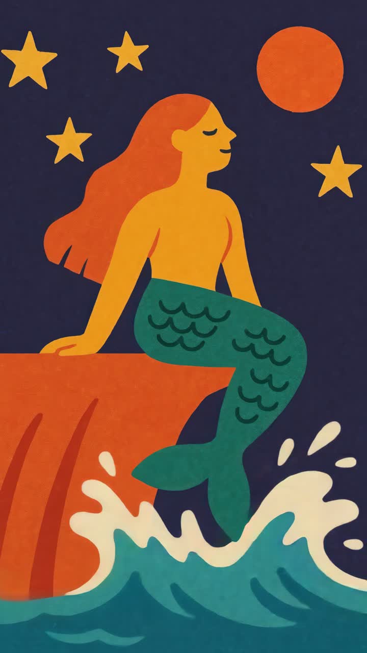 Illustrazione colorata di una sirena su una roccia, vista di lato.