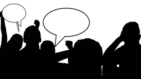 Animation-of-silhouette-of-sport-fans-with-speech-bubbles-on-white-background