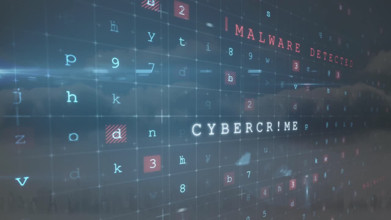 animación de texto de advertencia de ataque cibernético y procesamiento de datos