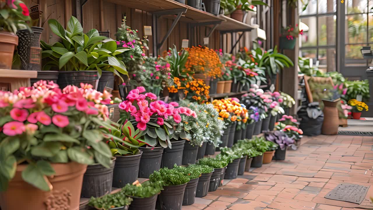 A vibrant display of potted plants and colorful flowers in a plant nursery