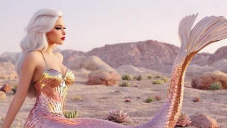 mythical mermaid with iridescent pink scales and luminous golden top reclining on desert sand, gazing toward distant mountain silhouette under ethereal sunset landscape