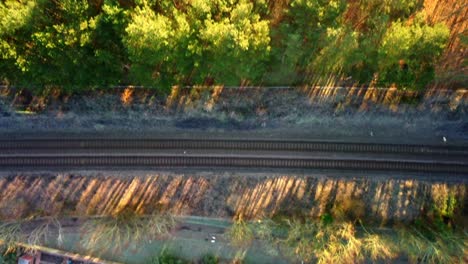 bird eye footage off a train line with trees surrounding and the sun shining through the trees creating interesting stretched out shadows.