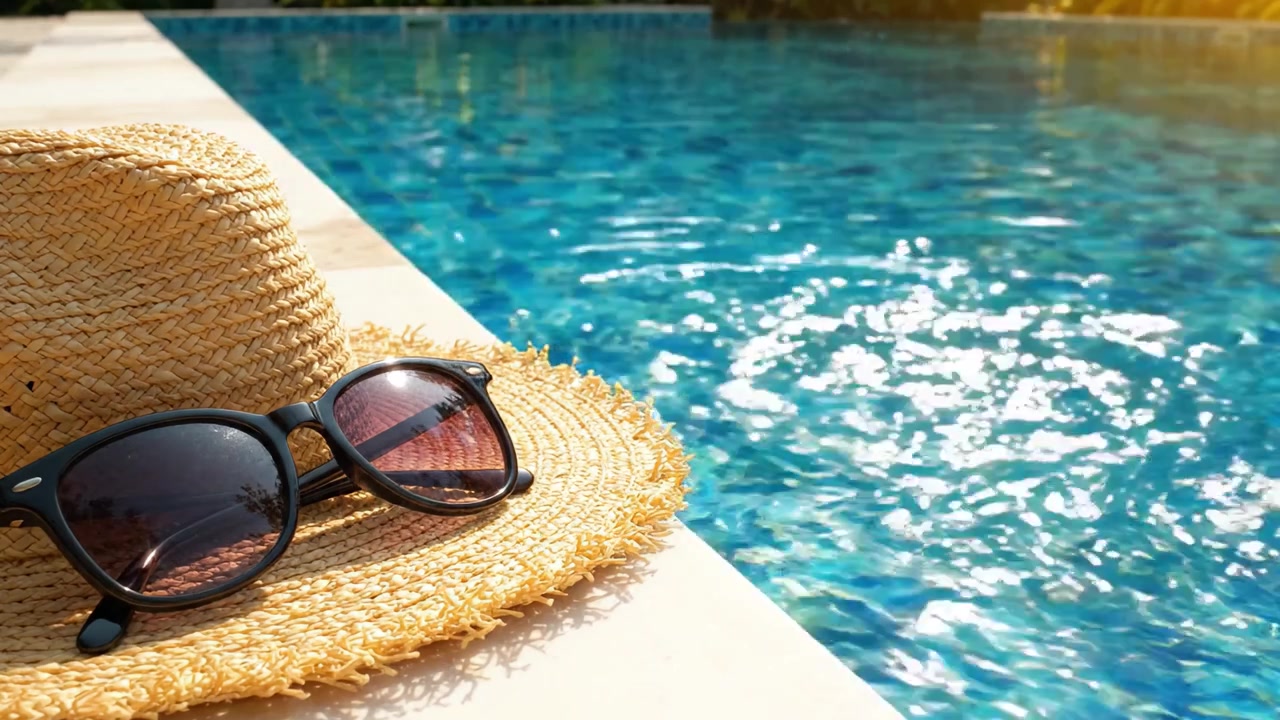 Relaxing Summer Vibes: A Sun Hat and Sunglasses Beside a Glimmering Pool, Evoking a Carefree Day Under the Bright Sky