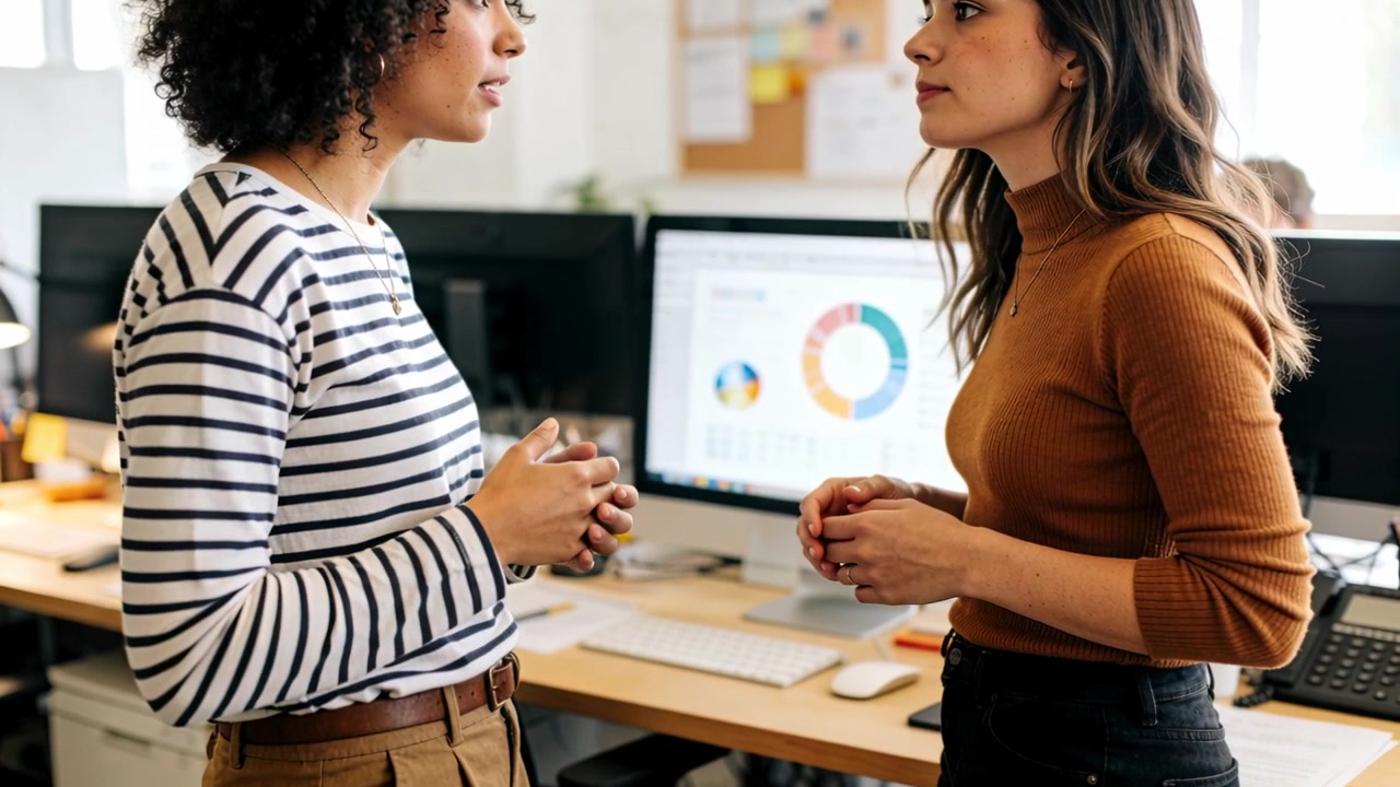 Explaining left striped woman gesturing while reviewing pie chart with right turtleneck in office