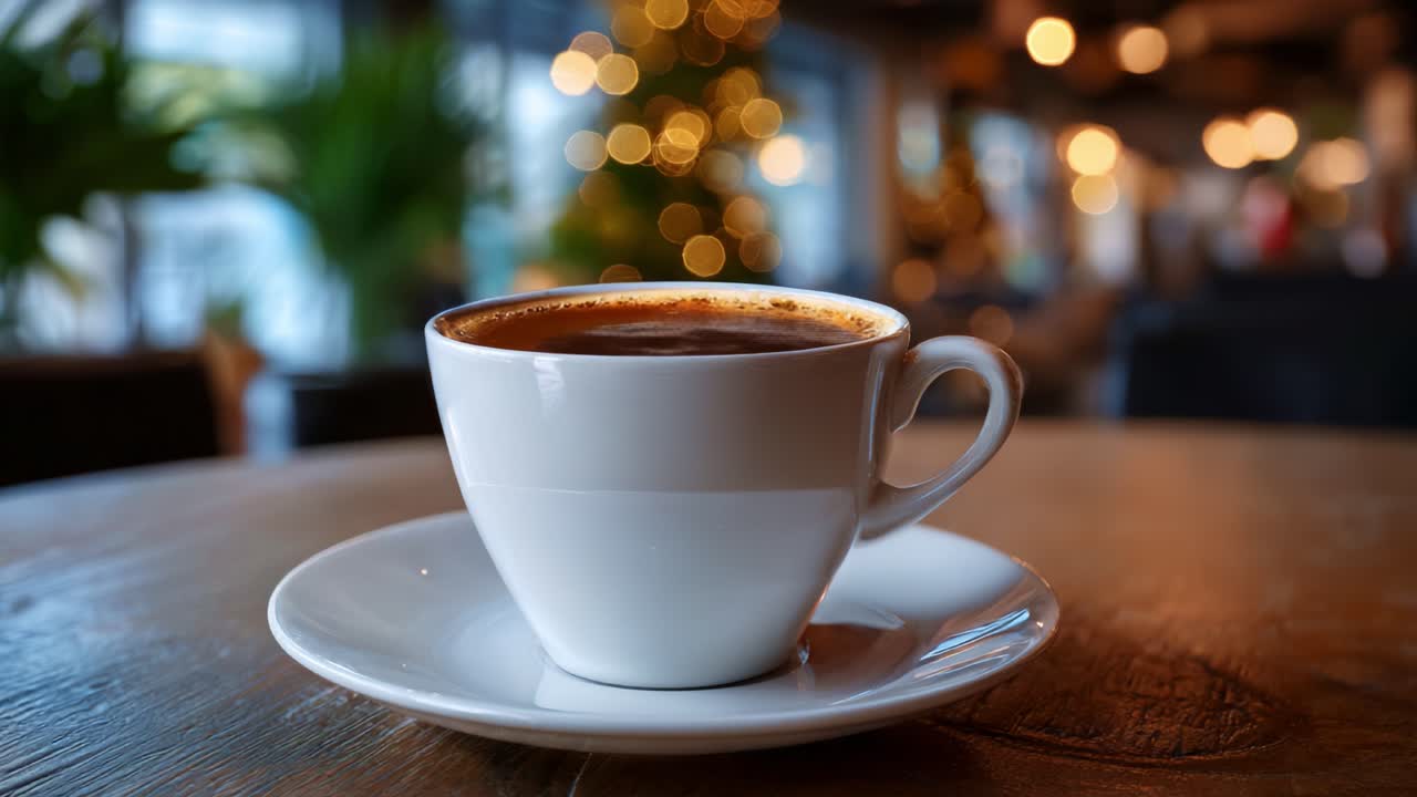Una tazza di caffè calda è appoggiata con eleganza su un tavolo rustico in legno, catturando l'essenza del comfort e del relax tra le morbide luci bokeh in un'accogliente caffetteria