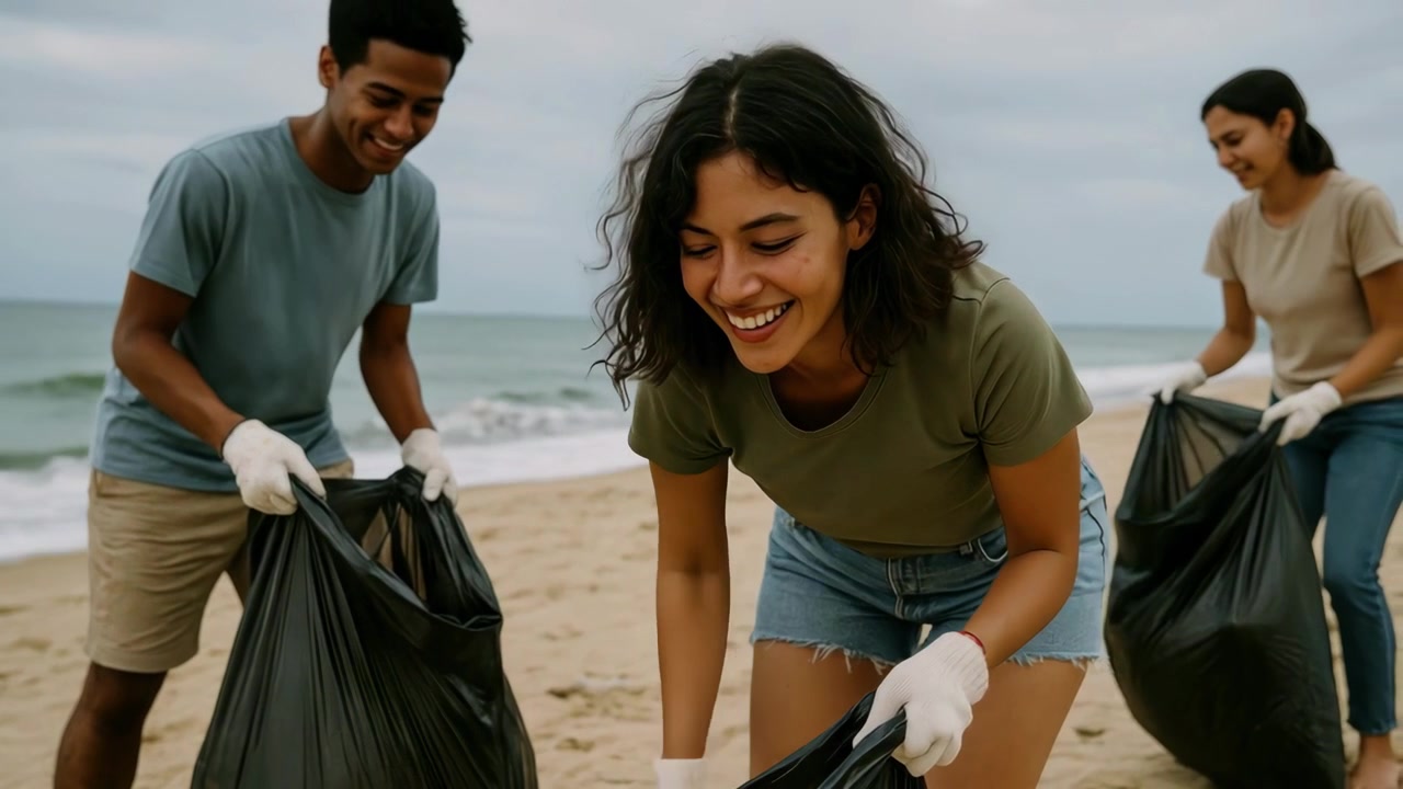 Diverse Group of Volunteers Cleaning Trash on Beach