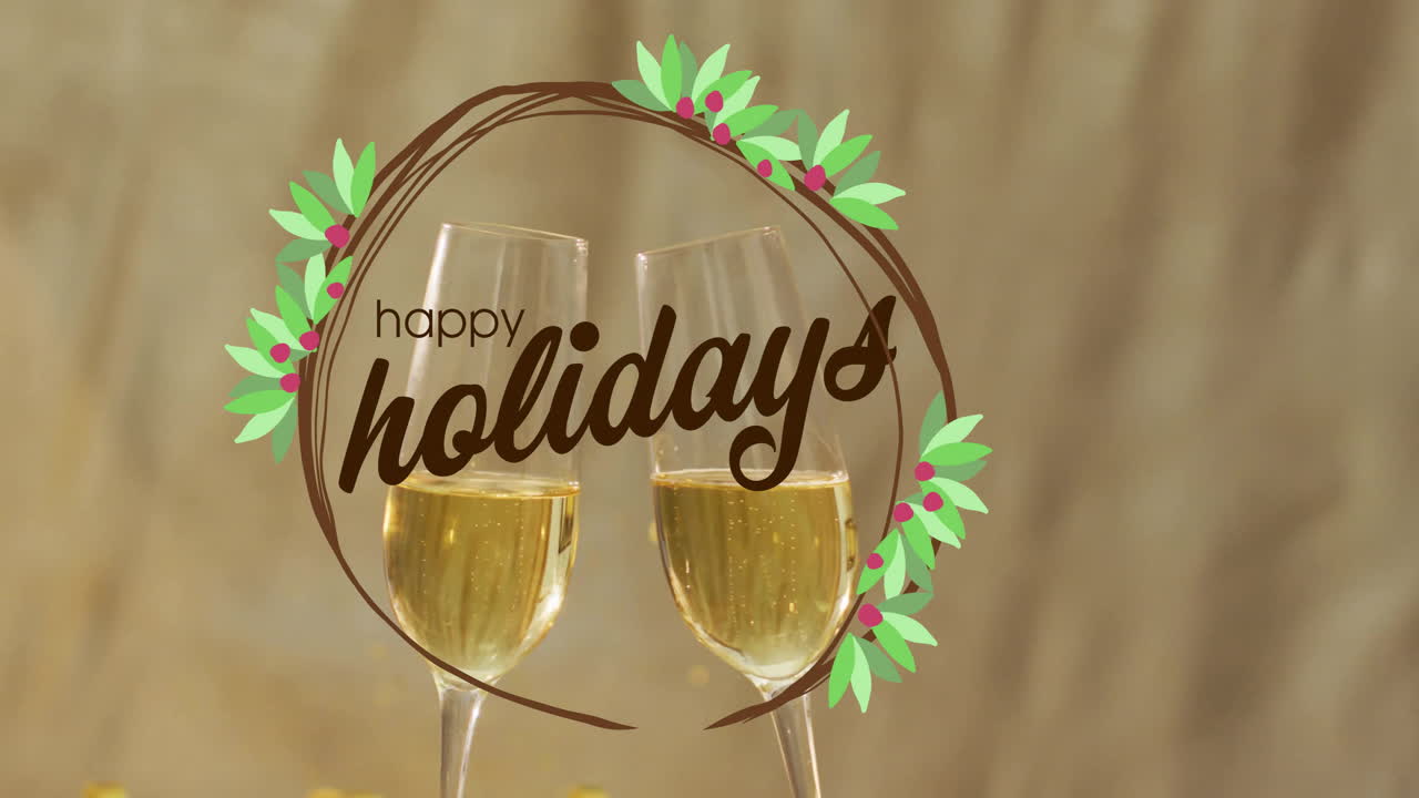 Animação de texto Boas Festas sobre taças de champanhe