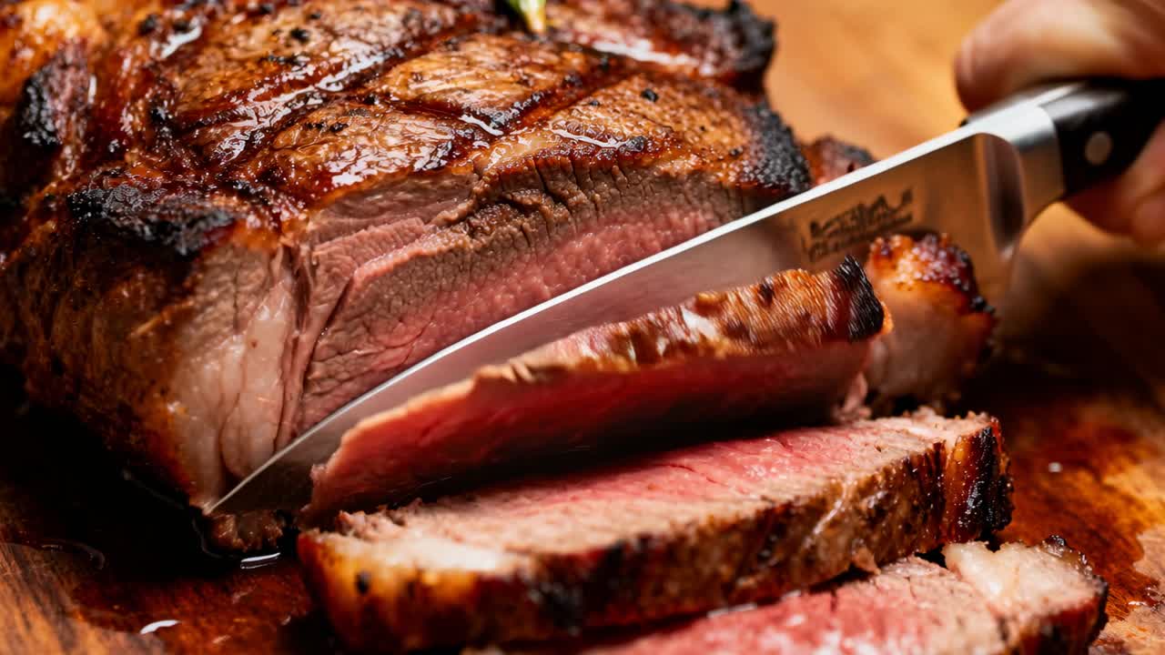 Pressing knife tip, hand carving roast on wooden board, releasing juices, serving slices with sprig