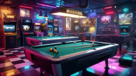 retro arcade game room with pool tables