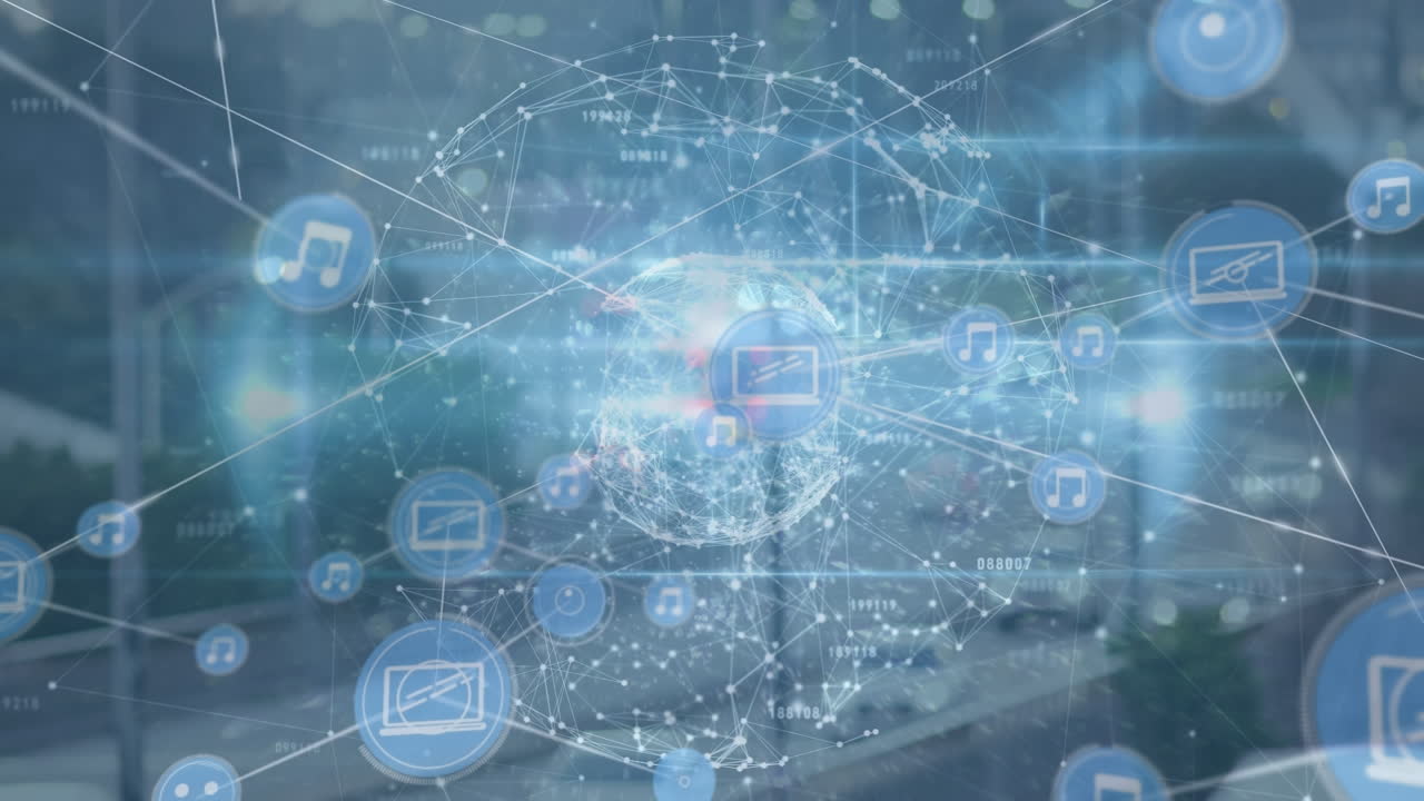 디지털 아이콘 네트워크의 애니메이션과 도시 교통의 공중 전망을 통해 지구