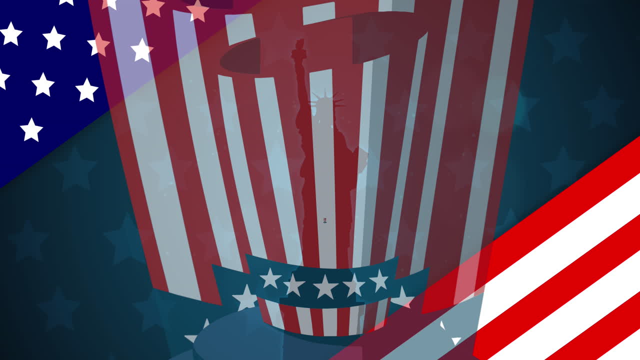 Animation of hat in usa flag colours over flags of usa