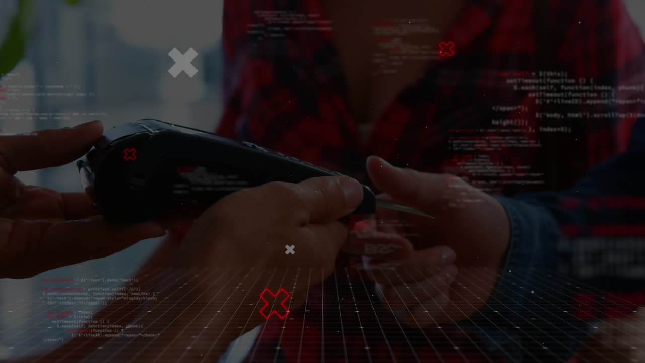 Animation of data processing and white and red crosses floating over a biracial couple paying