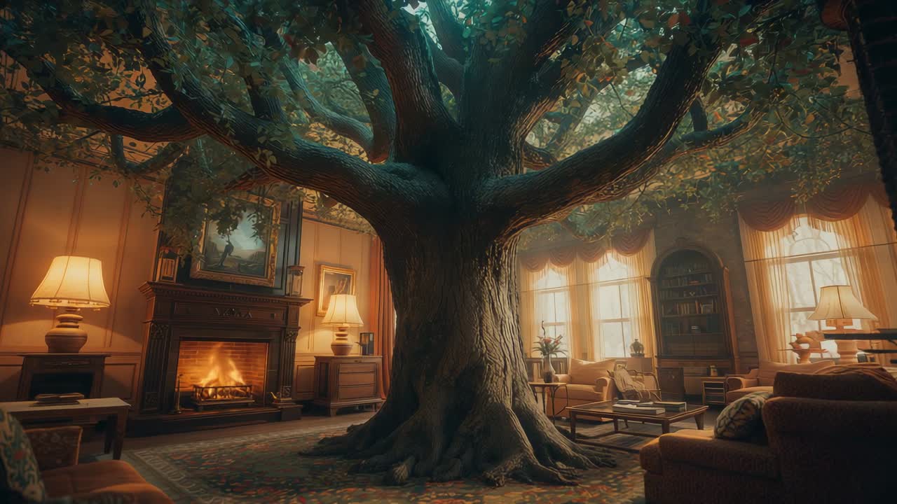 Holding wide shot, camera framing tree trunk rising through living room floor, with pulsing embers