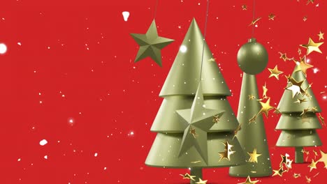 Animation-of-stars-and-snow-over-christmas-decorations-on-red-background-with-copy-space