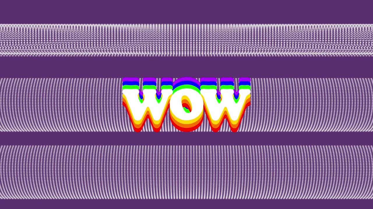 Animation eines digitalen, bunten Wow-Textes vor sich bewegenden weißen abstrakten Mustern auf violettem Hintergrund