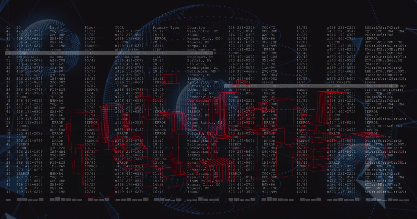 On feed start, central globe rotating, pulling red markers, columns appearing, visualizing data